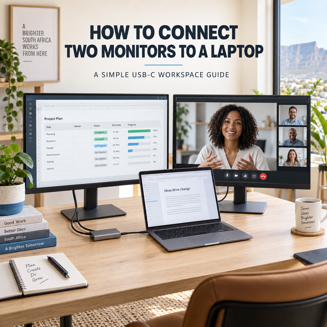 Laptop connected to two external monitors using a USB-C hub for a professional workspace
