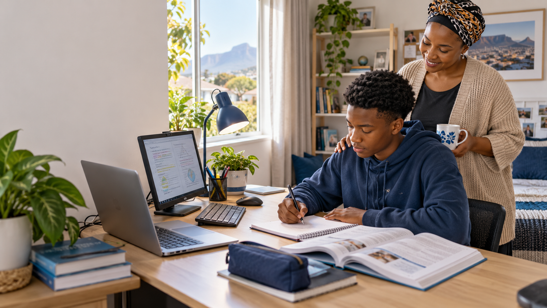Parent supporting a matric learner at an organised home study workstation