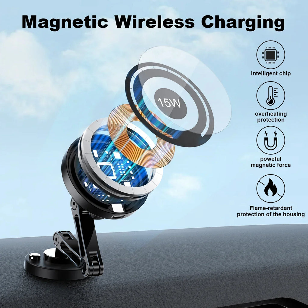 Magnetic Wireless Car Phone Mount – 15W Fast Charging & 360° Rotation