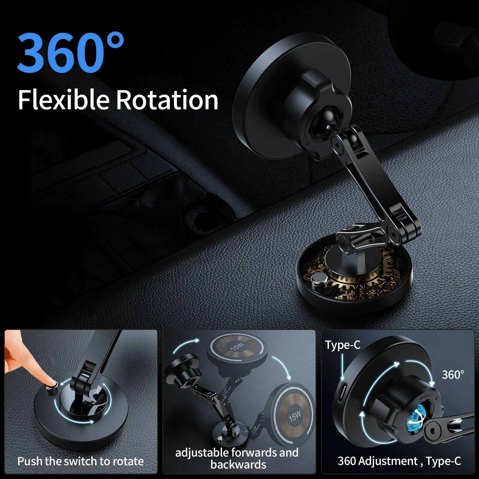 Magnetic Wireless Car Phone Mount – 15W Fast Charging & 360° Rotation