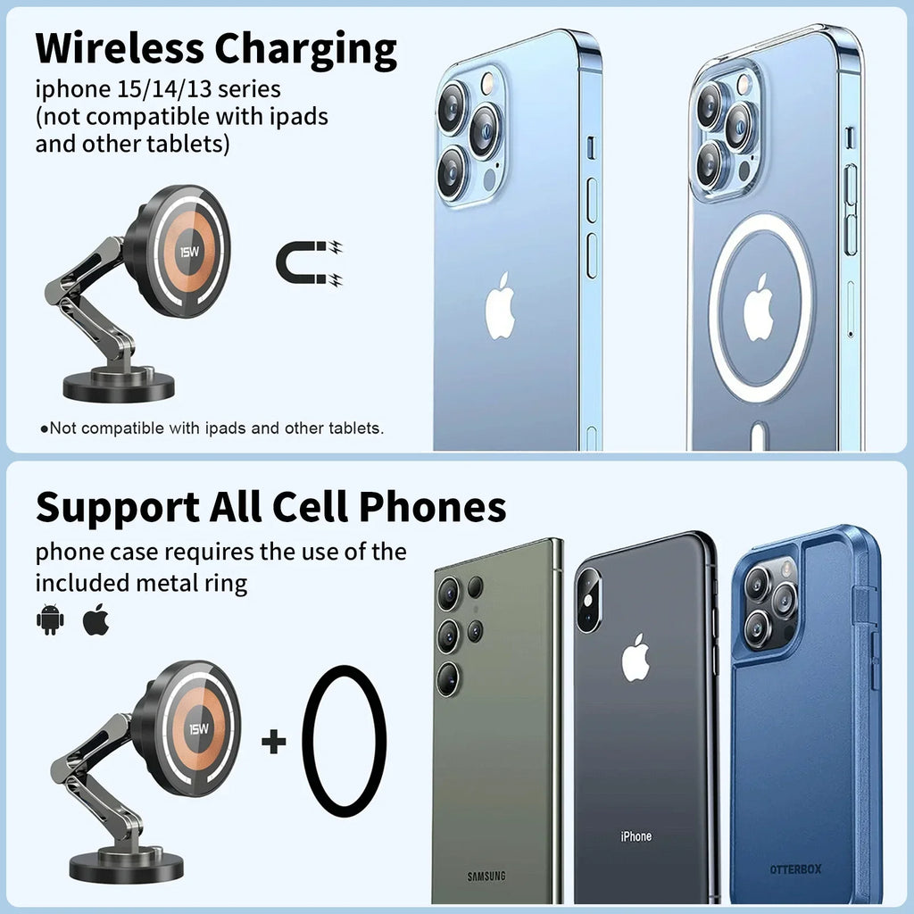 Magnetic Wireless Car Phone Mount – 15W Fast Charging & 360° Rotation