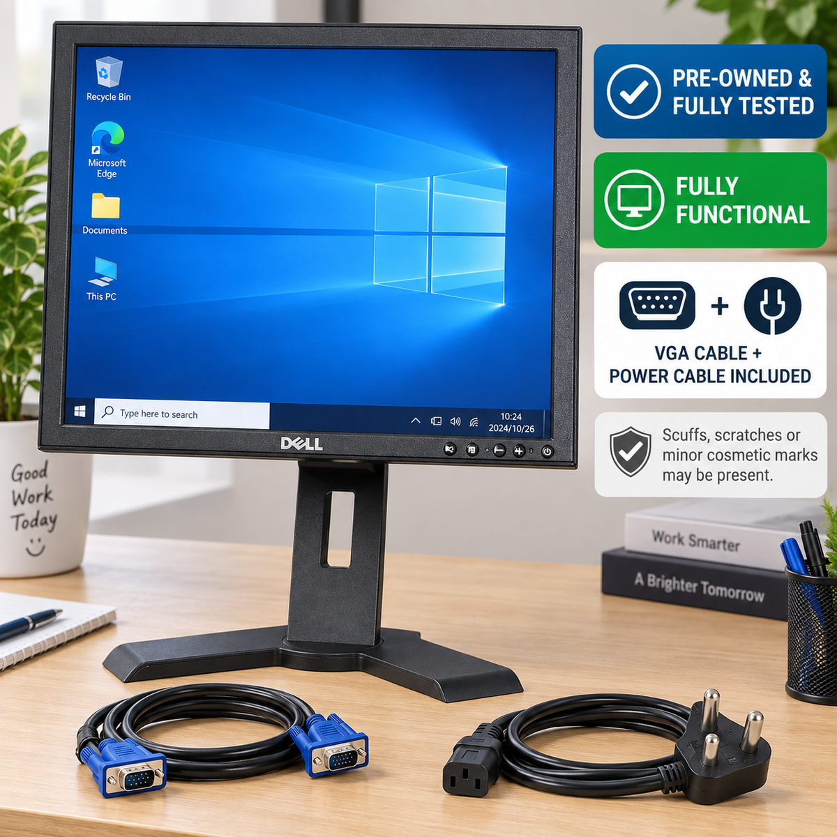 Pre-owned Dell 19-inch monitor tested with VGA and power cables