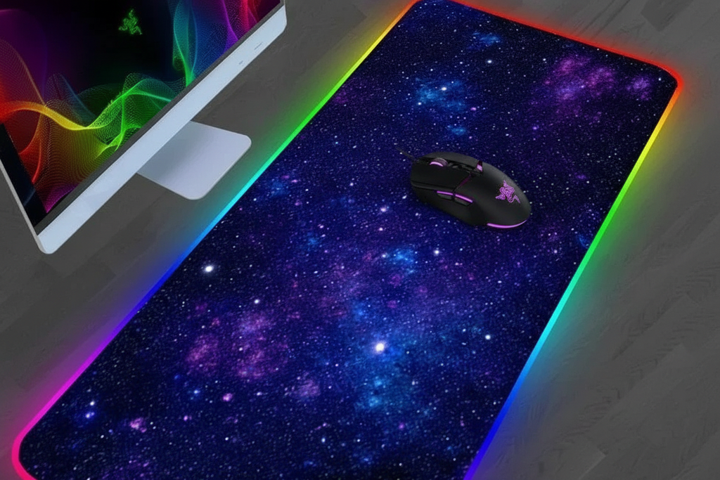 Galaxy RGB LED gaming mouse pad with gaming mouse on top in moody gaming room