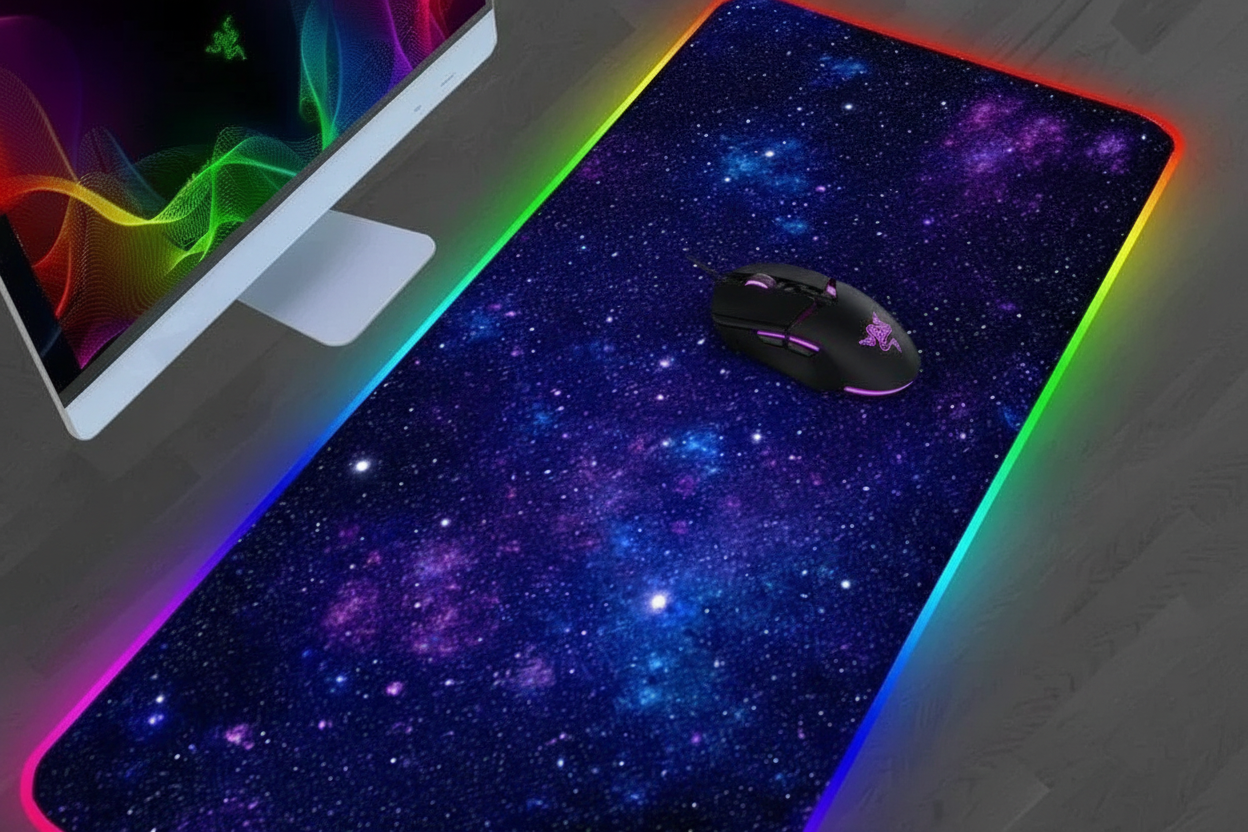 Galaxy RGB LED gaming mouse pad with gaming mouse on top in moody gaming room