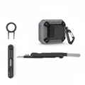 Grey and black rugged AirPods Pro armor case with silver carabiner and cleaning kit bundle
