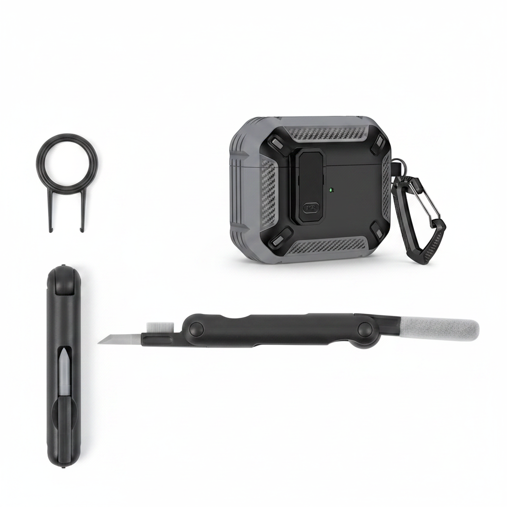 Grey and black rugged AirPods Pro armor case with silver carabiner and cleaning kit bundle